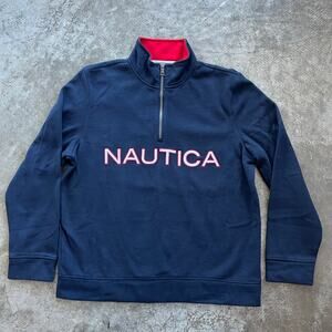 Nautica Navy Blue Quarter Zip Big Logo Spellout Pullover - Medium